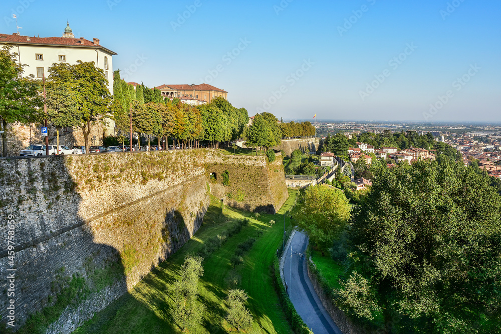 The defensive walls of the upper town (Citta Alta) of Bergamo in Italy, beautiful architecture 
