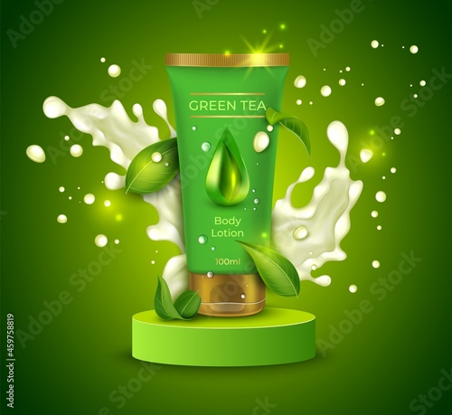 Realistic Detailed 3d Body Lotion with Green Tea Leaves and Splashing Moisturizing Effect Concept Background. Vector illustration