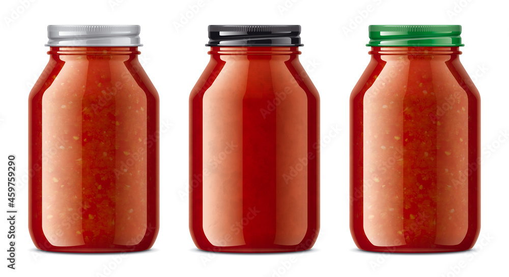 Set of Glass Jars with Tomato Sauces. Set of Glass Jars with Tomato Sauces.