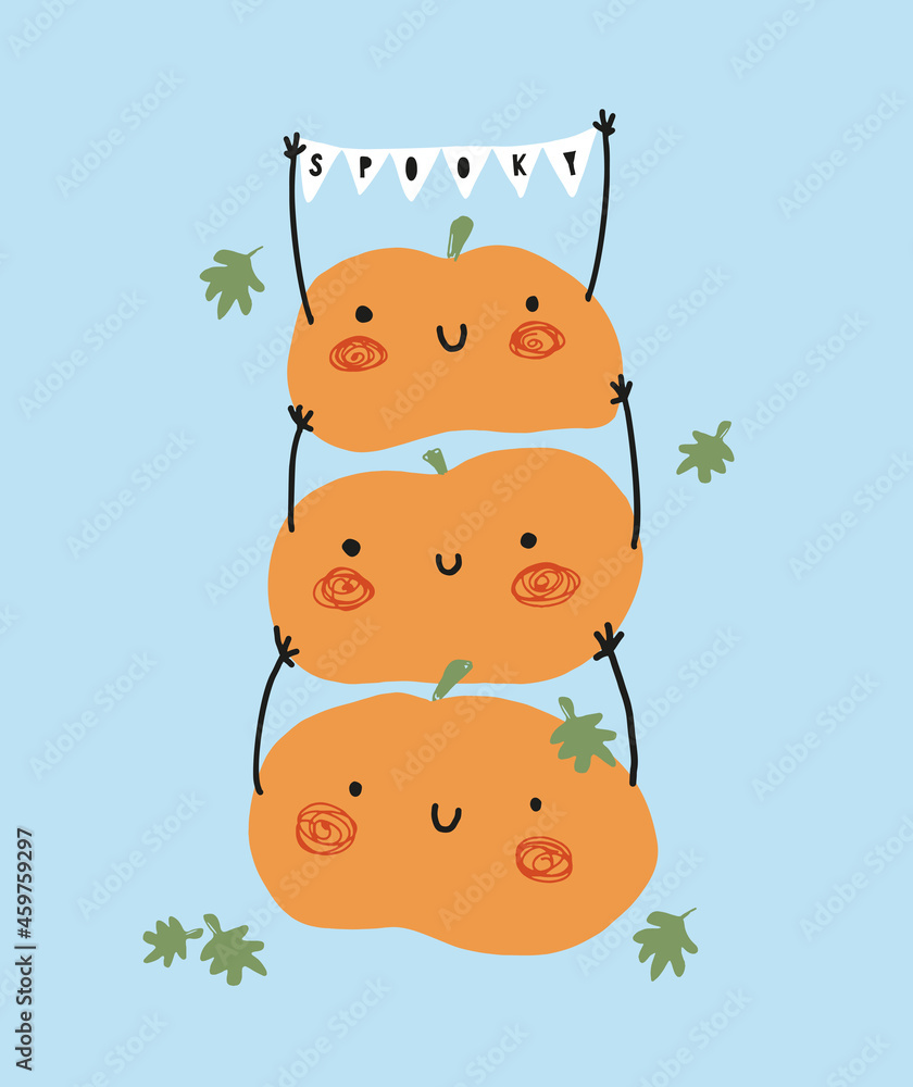 Fototapeta premium Cute Hand Drawn Halloween Illustration with 3 Funny Orange Pumpkins on a Blue Background. Simple Infantile Style Print with Sweet Pumpkins Holding Party Garland with Black Handwritten Spooky. 