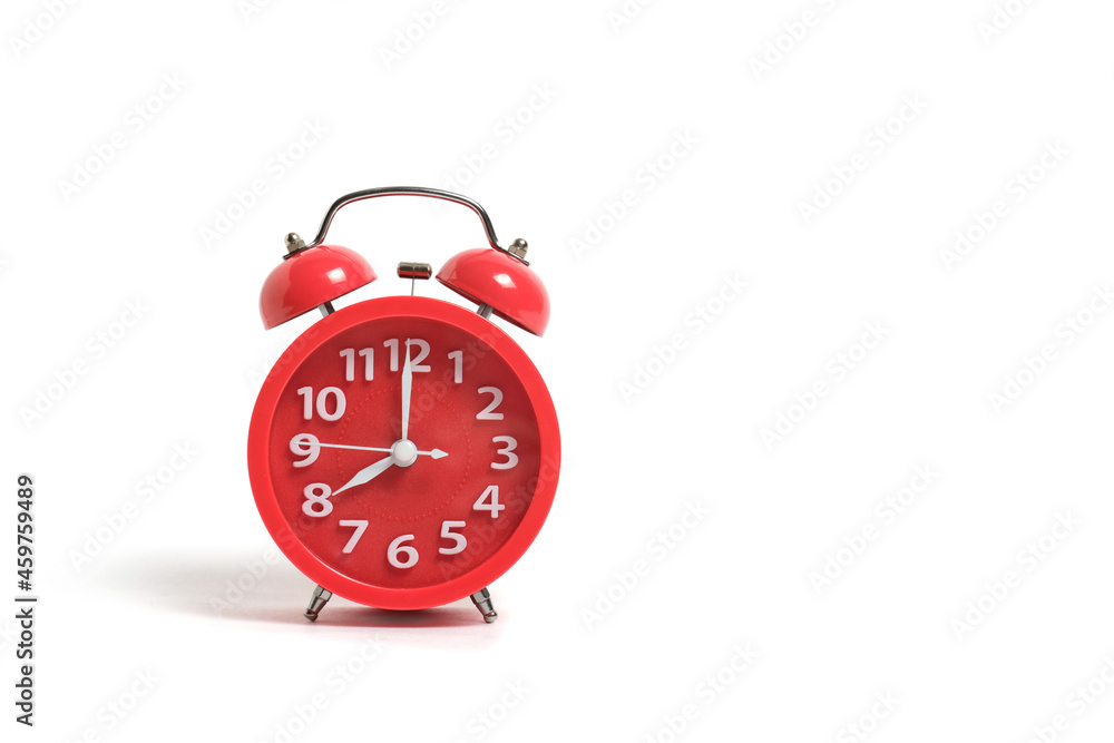Ringing red alarm clock, isolate on white background, eight morning or evening. Ringing red alarm clock, isolate on white background, eight morning or evening.