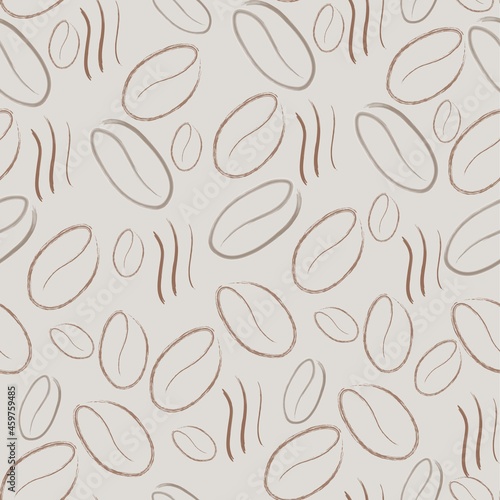 simple pattern with coffee beans in brown color, aromatic coffee on light brown trendy background