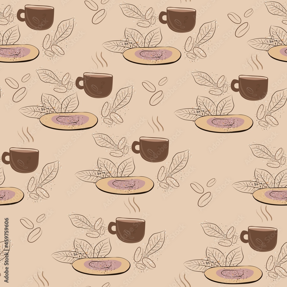 coffee cup patern with saucer and coffee leaves on brown background, pattern with brown dishes and plants and splashes