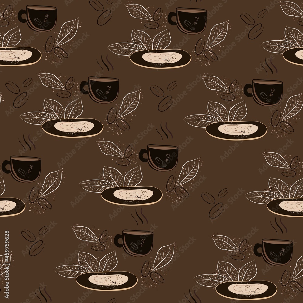 coffee cup patern with saucer and coffee leaves on brown background, pattern with brown dishes and plants and splashes