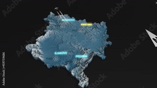 Seamless looping animation of the 3d terrain map at nighttime of Kosovo with the capital and the biggest cites in 4K resolution photo