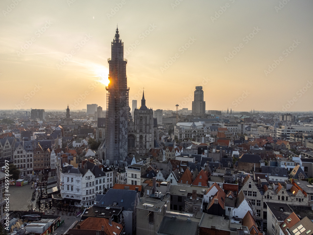 Aerial shot of Mechelen Saint Rumbold's Cathedral Sint Rombouts toren in lovely morning light
