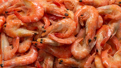 Shrimps background texture. A lot of shrimps. Cooked shrimps. © Nikolay