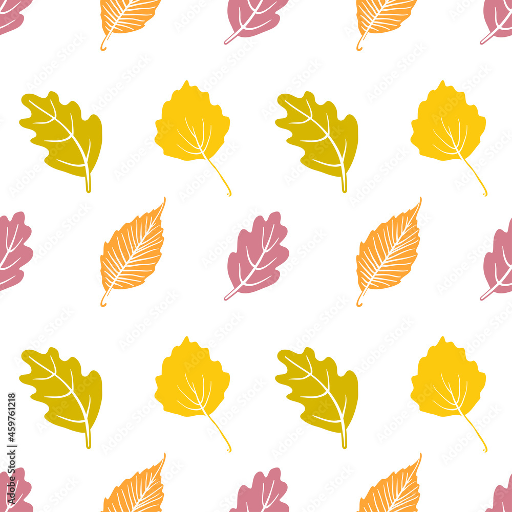 Seamless pattern with autumn leaves. Colorful paper cut fall woods collection isolated on white background. Doodle hand drawn vector illustration.