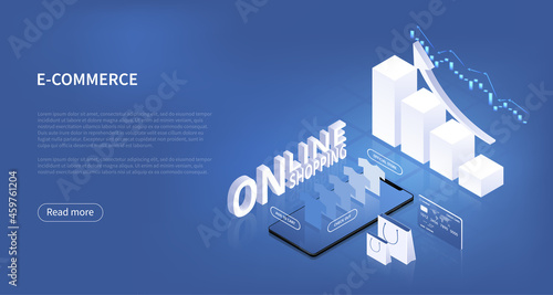 Concept of business growth of E-commerce or Online shopping. Isometric online shop on mobile smartphone with rising bar charts and graphs, credit card payment transaction and bags
