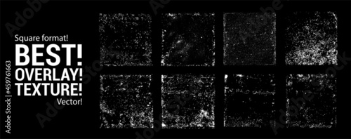 Stamps overlay texture in a square format with increased detail. Different paint textures with drop ink splashes, damage, grunge, old, concrete, paint, scratches. Dirty Overlay Texture stamps. Vector