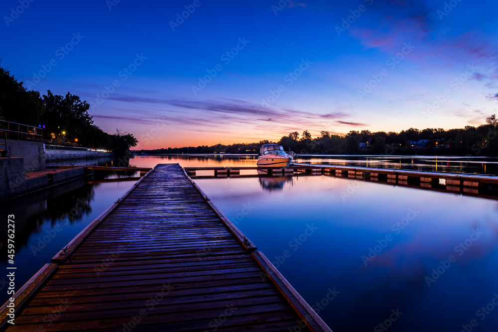 custom made wallpaper toronto digitala white yacht docked at the marina of Beloeil on the Richelieu river at sunrise
