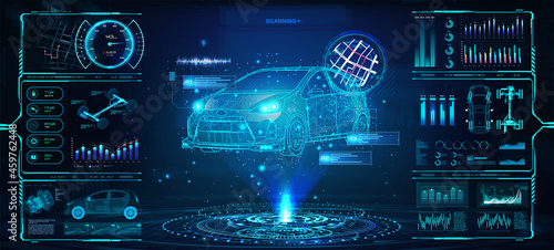 Diagnostic Auto in HUD style. Scan and Maintenance Automobile in 3D visualisation hologram. Hi-tech Car Service with HUD interface. Dashboard in auto service, diagnostic car, repairs cars. Vector 