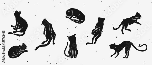 Silhouette of the cats. Funny doodle kitties in different poses for logo, print or decorative sticker.