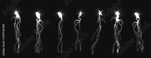 The effect of lightning from the sky or a pillar of electricity with the effect of a powerful blow. Set of white lightning bolts with flash, light sparkle and thunderstorm effect. Vector collection