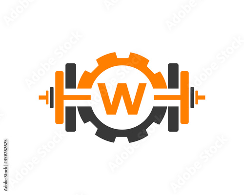 Fitness Gym Logo On Letter W. Fitness Club Icon With Exercising Equipment. Initial Alphabet Letter W GYM Logo Design Template