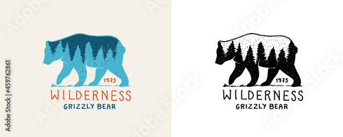 Bear with forest double exposure. Tourism symbol. Grizzly silhouette t-shirt design. Fir forest. Engraved hand drawn in old vintage sketch. Doodle Wooden travel logo. Explorer, wilderness sticker. 