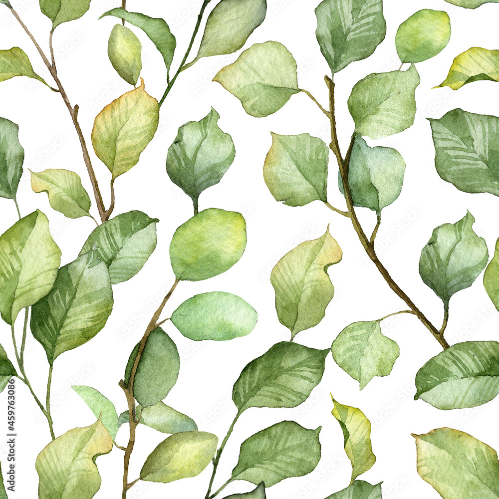 Square seamless pattern with watercolor hand painted green leaves on twigs. Realistic hand drawn botany plants. Wrapping paper and textile design template Square seamless pattern with watercolor hand painted green leaves on twigs. Realistic hand drawn botany plants. Wrapping paper and textile design template