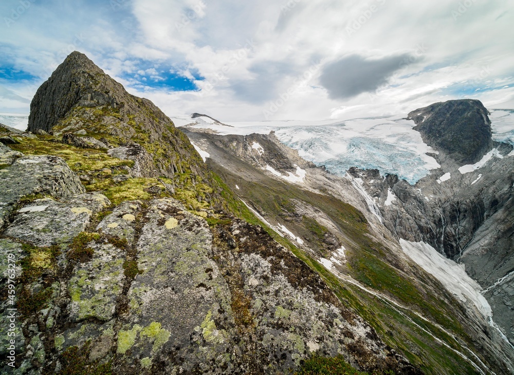 Views of peaks and glacier from Kattanakken, Jostedalsbreen National Park, Norway.