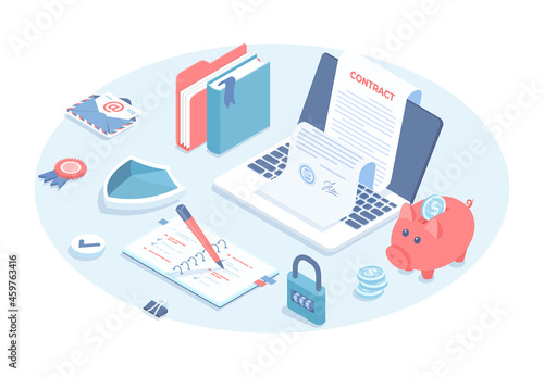 Online contract signing. Digital law, smart contract, electronic license. Partnership Agreement Deal  Vector illustration in 3d design. Isometric web banner.