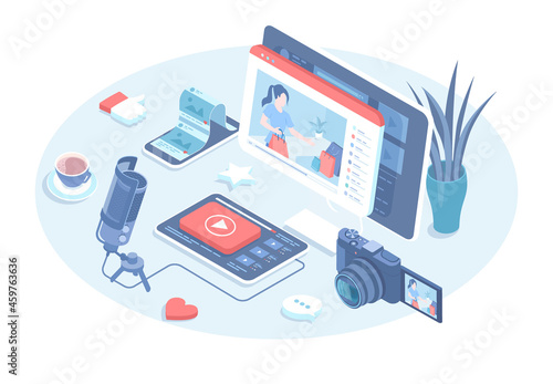 Video blogging, internet content creation. Workplace, equipment of the influencer. Preparing for vlogging, shooting. Vector illustration in 3d design. Isometric web banner.