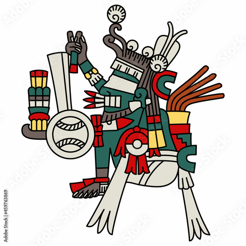 Aztec god. Fantastic blindfolded mythological character. Native American Indian art from Mexican codex. 