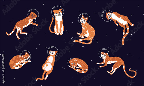 Cute Cats in space. Astronaut animal in the sky against a background of stars. Funny doodle kitties in different poses.
