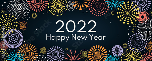 Colorful fireworks 2022 Happy New Year, bright on dark background, with text. Flat style vector illustration. Abstract geometric design. Concept for holiday greeting card, poster, banner, flyer.