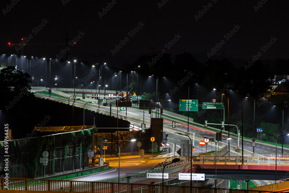 Night road, autobahn. Motorway at night. Nice view of the Autobahn at night.