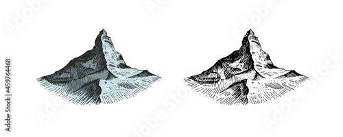 Mountains peaks. Old Hill. Vintage, looking hand drawn. Engraved style. Sketch for hiking, climbing. Doodle style