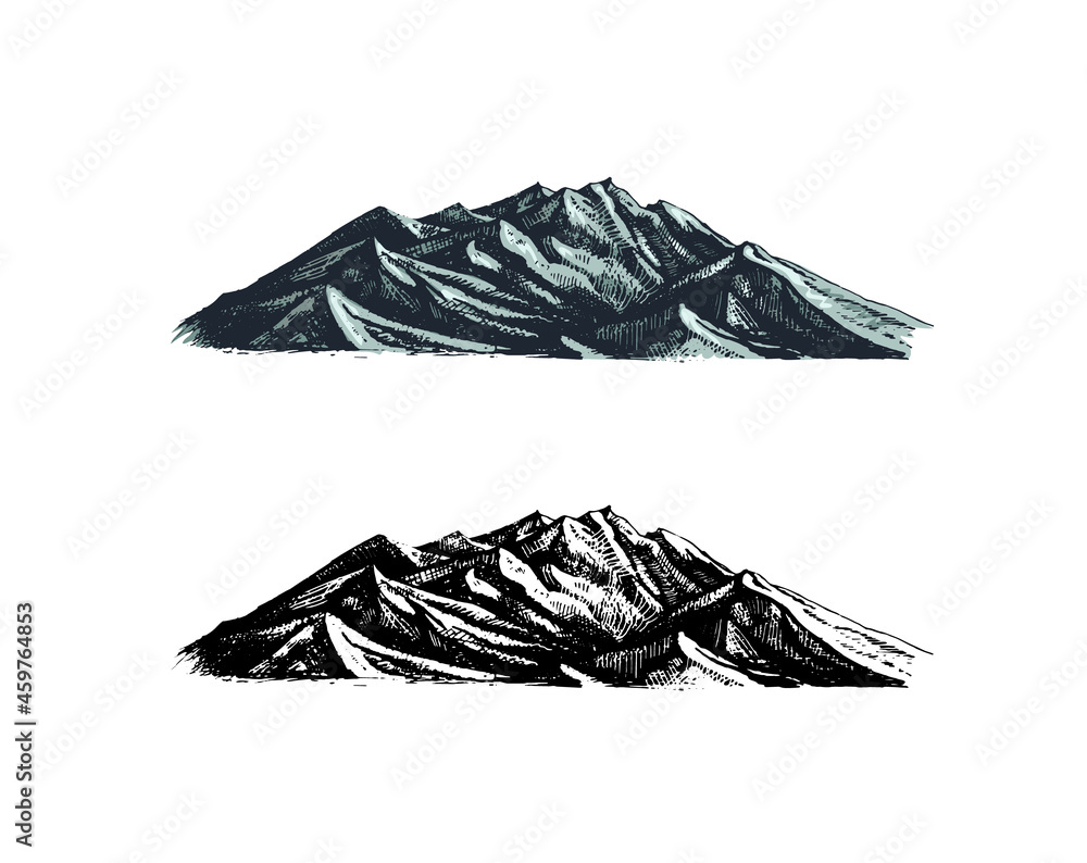 Naklejka premium Mountains peaks. Old Hill. Vintage, looking hand drawn. Engraved style. Sketch for hiking, climbing. Doodle style