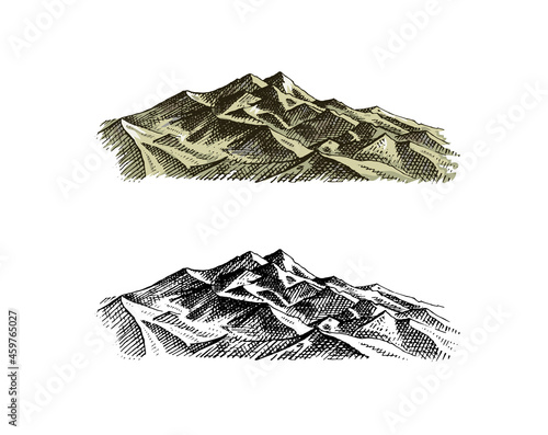 Mountains peaks. Old Hill. Vintage, looking hand drawn. Engraved style. Sketch for hiking, climbing. Doodle style