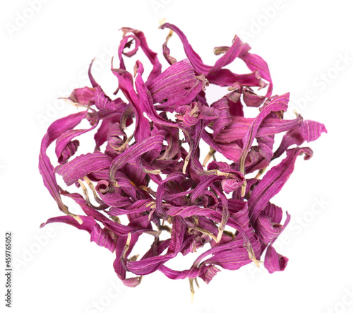 Dried Echinacea flowers, isolated on white background. Petals of Echinacea purpurea. Medicinal herbs. Top view. photo