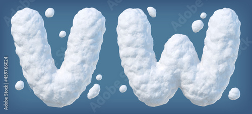 Snowy alphabet with letters V, W. Lettes made of snow. Winter font on blue background. Vector illustration photo