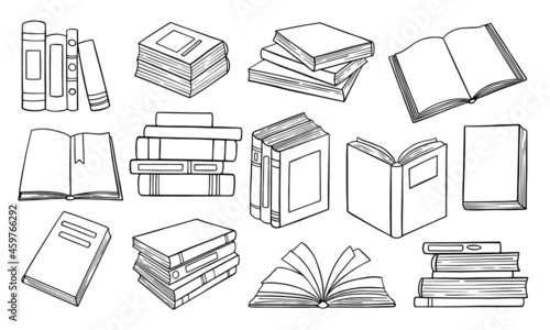 Set of Library books doodle.  Stack of books,open and closed books in sketch style. Hand drawn vector illustration isolated on white background.