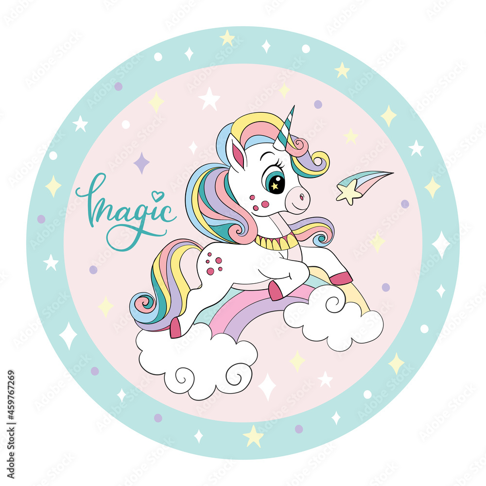 Lovely unicorn on the rainbow on circle Lovely unicorn on the rainbow on circle