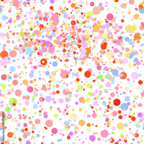 Abstract hand drown polka dots background. White dotted seamless pattern with rainbow circles. Template design for for Birthday, party holiday, banner, textile, fabric. Summer confetti illustration