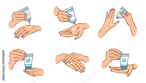 The girl uses a cream for dry hands. Vector set with hands holding a tube of cream. Body care. 