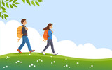 Man and woman with backpacks in nature. They walk with a smile on the green grass. Hiking and active lifestyle concept. Vector cartoon illustration