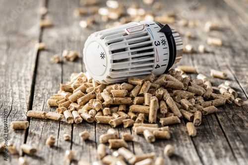 Bild auf Leinwand Wooden pellets and thermostatic head.