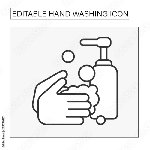  Hand washing line icon. Cleaning hands with soap foam. Hand disinfection. Hygiena concept. Isolated vector illustration. Editable stroke