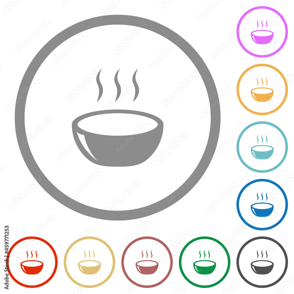 Glossy steaming bowl flat icons with outlines Glossy steaming bowl flat icons with outlines