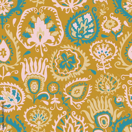 Vector seamless colorful design pattern botanical cute spring herbs and flowers in Boho colors