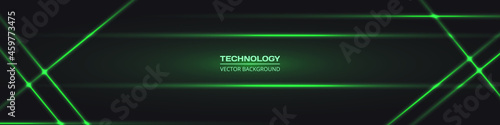 Black wide abstract tech horizontal vector background with green neon lines. Technology banner with green luminous lines. Futuristic technological modern background.