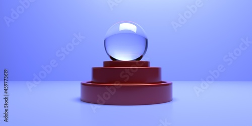 A glass ball on a pedestal. The minimum concept is a blue background. 3d rendering