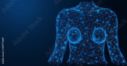 Female breast implants. A low-poly torso design made of interconnected lines and points. Blue background.
