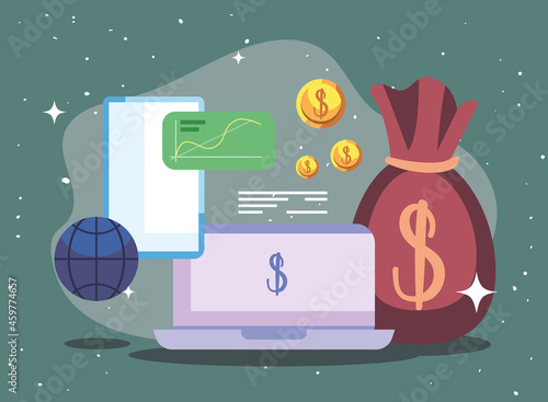 Laptop smartphone and money bag