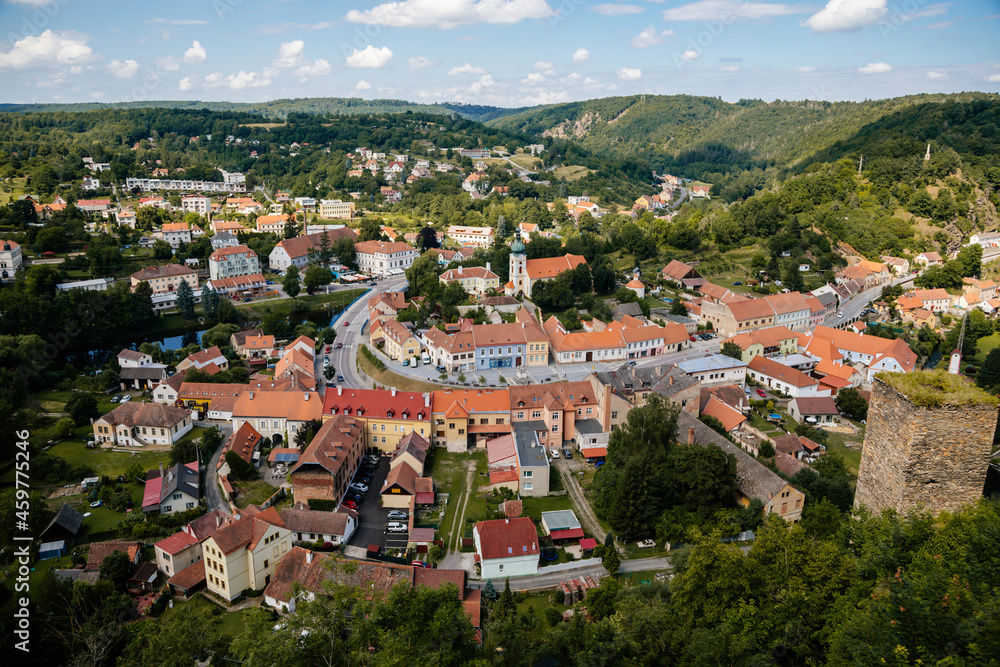 Vranov nad dyji, Southern Moravia, Czech Republic, 03 July 2021:  medieval town on river bank, Narrow picturesque street with gothic, renaissance and baroque historical buildings at summer sunny day
