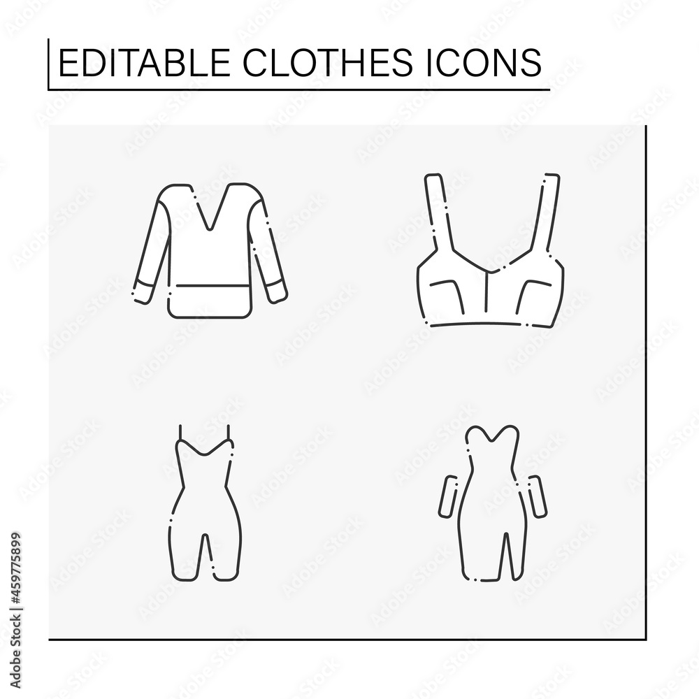 Clothes line icons set. Trendy outfits. Jumper, top, stretchy shapewear, going-out dress. Fashionable clothing. Shopping concept. Isolated vector illustration. Editable stroke Clothes line icons set. Trendy outfits. Jumper, top, stretchy shapewear, going-out dress. Fashionable clothing. Shopping concept. Isolated vector illustration. Editable stroke