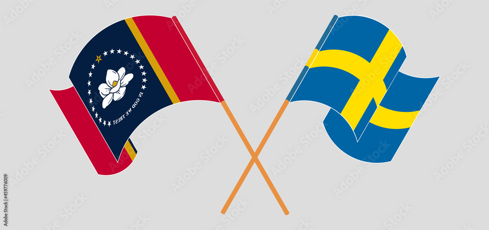 Crossed and waving flags of The State of Mississippi and Sweden Crossed and waving flags of The State of Mississippi and Sweden