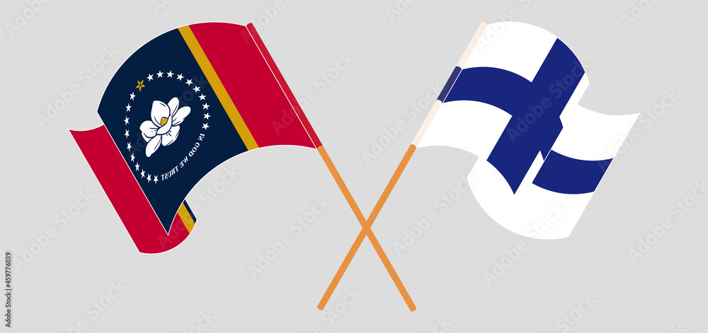 Crossed and waving flags of The State of Mississippi and Finland Crossed and waving flags of The State of Mississippi and Finland